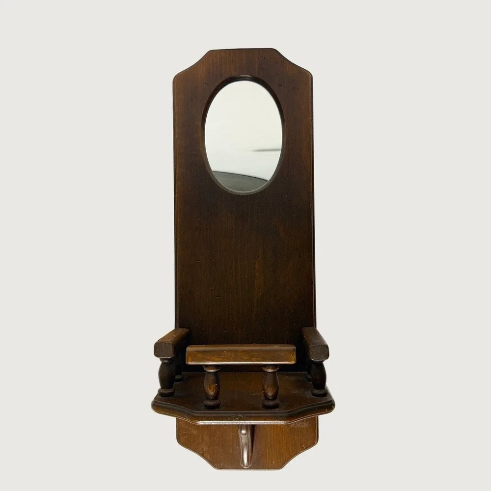 Vintage Early American Wood Wall Mirror Shelf Brown Rustic Farmhouse Home Decor